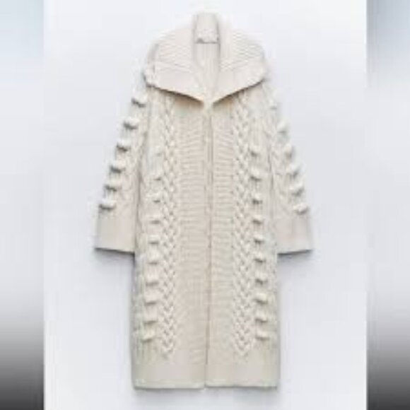 ✅ Zara textured coat 3D raised cable knit chunky CREAM cardigan 2024 SIZE MEDIUM - Picture 2 of 9